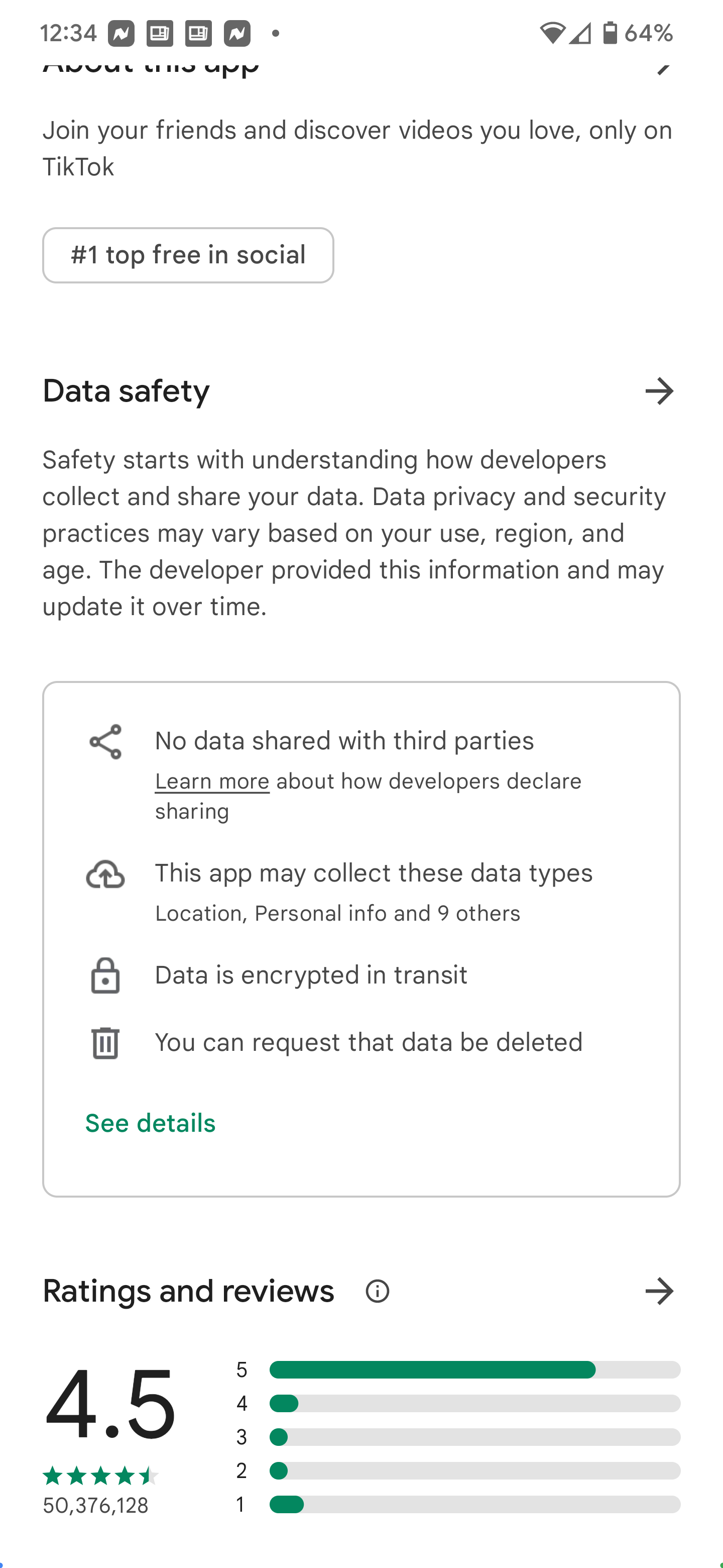 The Data safety listing in the Google Play Store for TikTok - Google demands Android app developers turn over Data safety info by July 20th