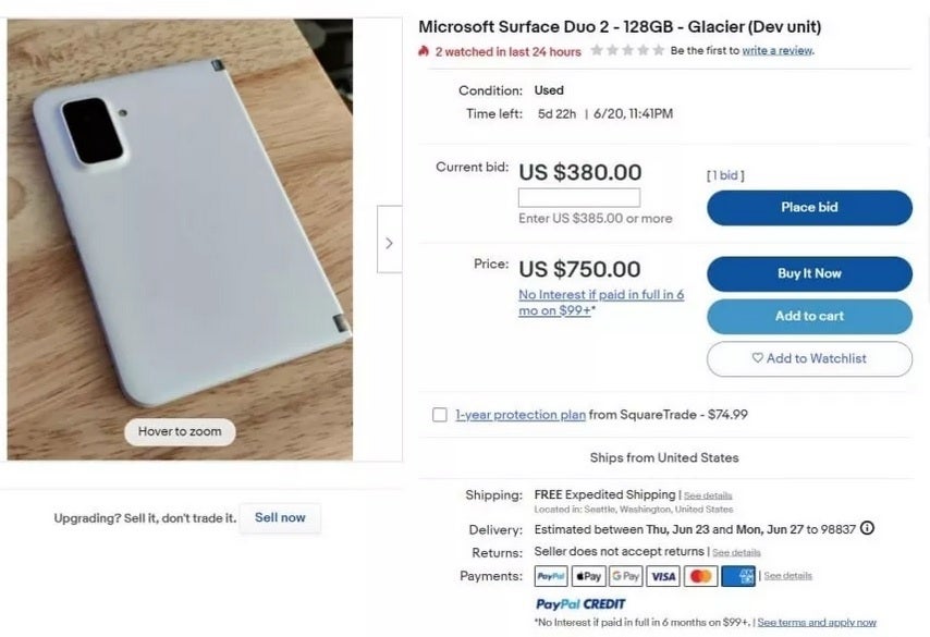 Daftar Ebay untuk Surface Duo 2 Lite yang telah dibatalkan oleh Microsoft dan ditarik dari eBay - Microsoft dilaporkan menempatkan omong kosong pada Surface Duo 2 kelas menengah yang lebih murah "ringan"