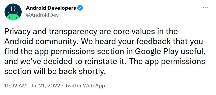 Android Developers disseminates a tweet with the news - App permissions info is returning to the Play Store while other data goes missing