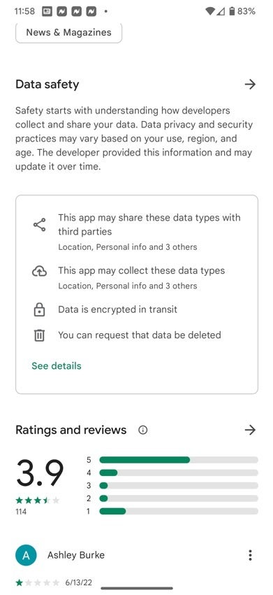 Data safety list for the Cape Cod Times - App permissions info is returning to the Play Store while other data goes missing