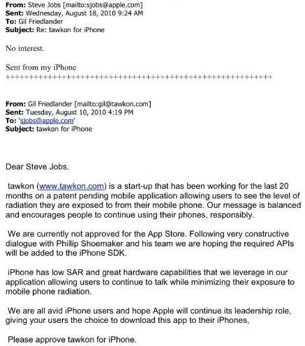 The letter from tawkon's CEO to Steve Jobs - App measuring the level of radiation the iPhone emits is rejected because there is "no interest" in it