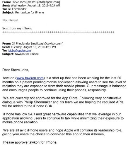 The letter from tawkon&#039;s CEO to Steve Jobs - App measuring the level of radiation the iPhone emits is rejected because there is &quot;no interest&quot; in it