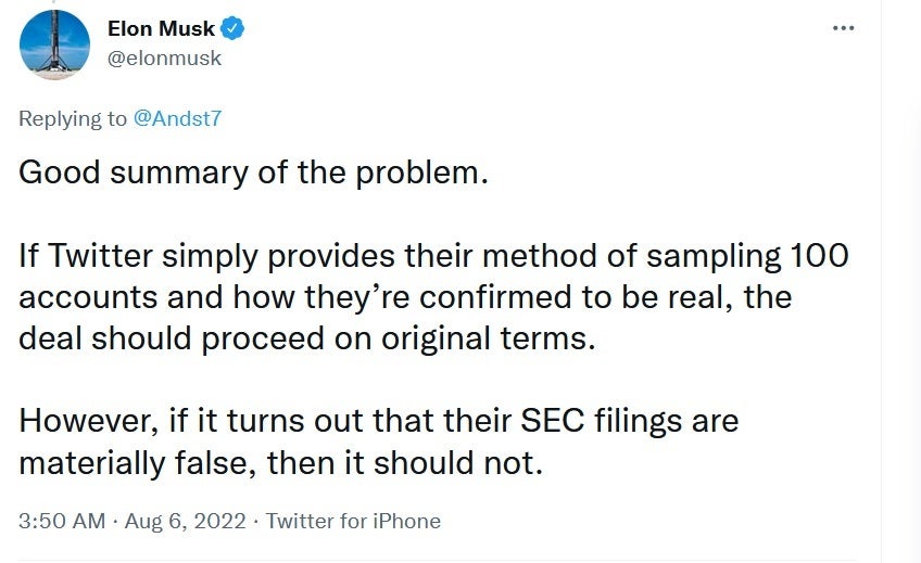 Tweet posted today by Musk gives some hope that the deal can be completed - Musk still willing to buy Twitter under this one condition