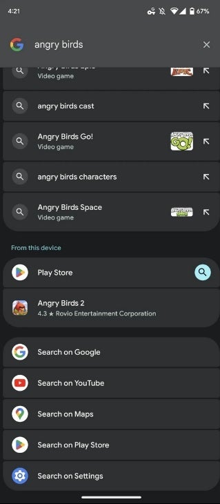 Searching for Angry Birds from the Pixel Launcher with Android 13. Credit-9to5Google - Android 13 will bring changes to the Pixel Launcher's Search box
