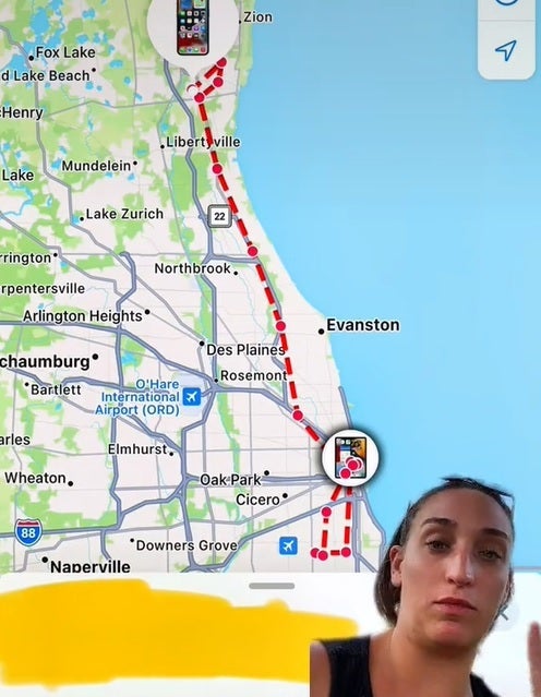 Mapa mostra a longa e sinuosa jornada que o iPhone roubado de Katrina Audrey passou em Chicago - explica usuário do TikTok "hackear" que permite rastrear seu iPhone mesmo se estiver desligado ou no modo avião