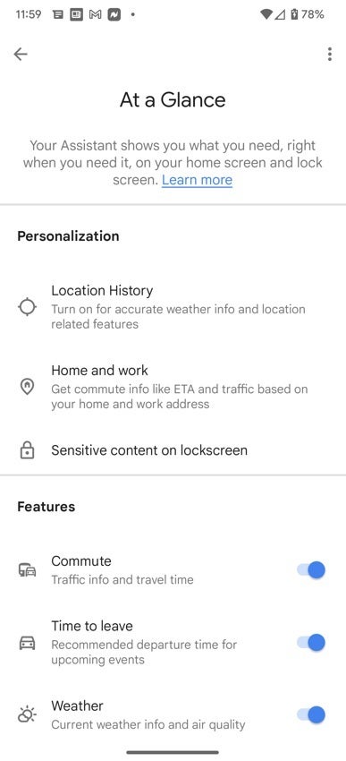 Pixel users should make sure that they have Commute and Time to leave toggled on - Pixel's At a Glance is getting back a very useful feature that was lost to the pandemic
