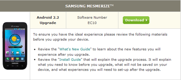 The Samsung Mesmerize can now be upgraded to Android 2.2 through a manual upgrade by U.S. Cellular customers - U.S. Cellular's Samsung Mesmerize gets upgraded to Android 2.2