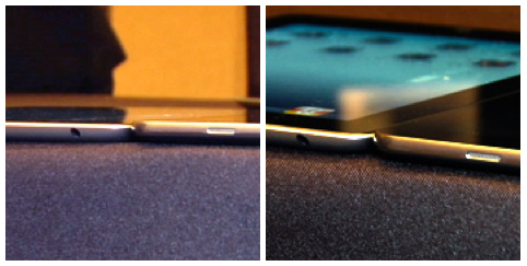 Pictures show that despite Samsung&#039;s boast that its Galaxy Tab (R) is .2mm thinner than the Apple iPad 2 (L), the latter is actually thinner - Samsung used paid actors to play the role of Galaxy Tab buyers