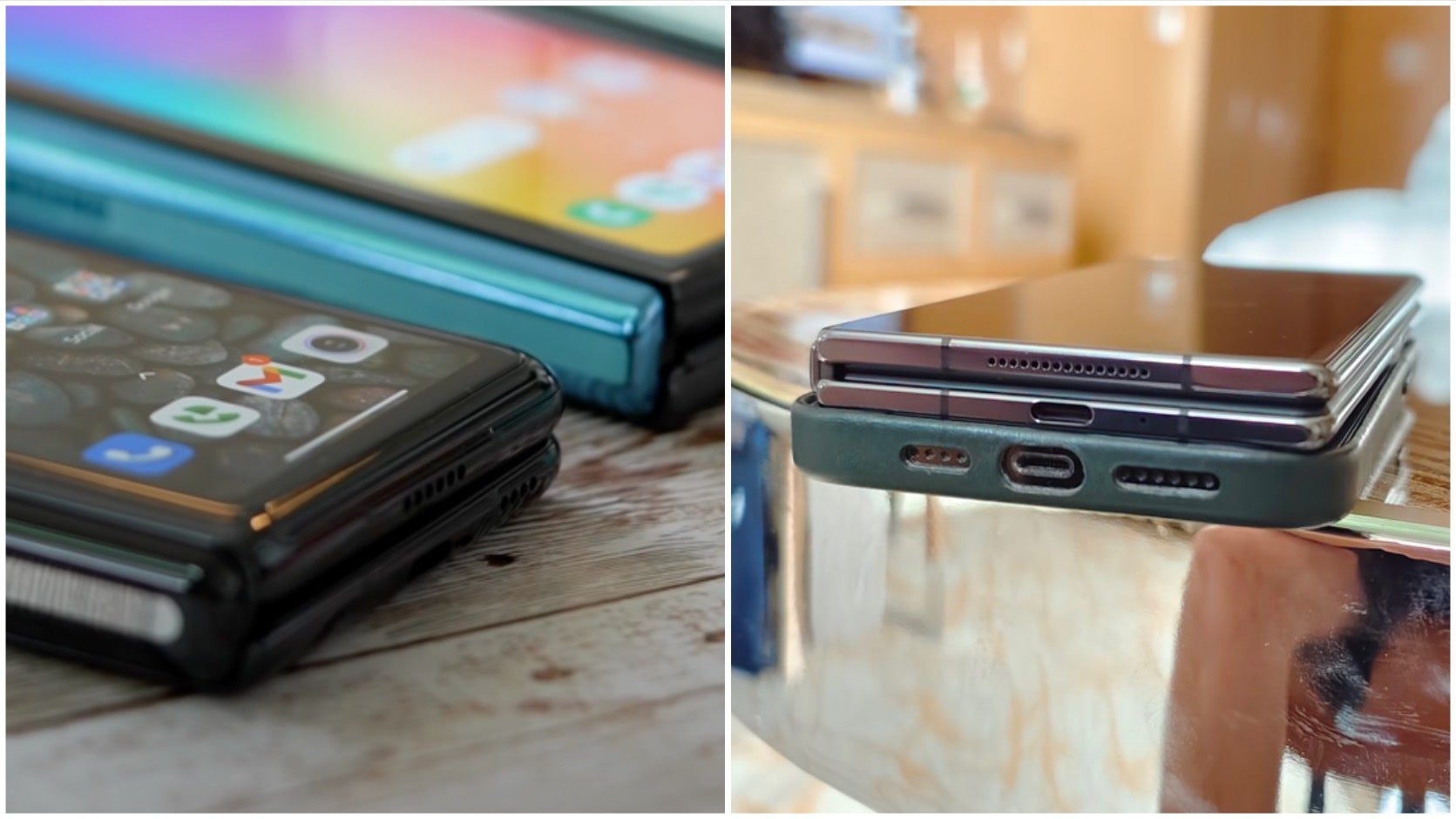 Xiaomi Mix Fold 2021 (esquerda) e Xiaomi Mix Fold 2 empilhados em cima de um iPhone 13 Pro Max com uma capa (direita).  Imagens cortesia de MrMobile e Ben Sin.  O progresso da Xiaomi no departamento de hardware é um dos maiores saltos geracionais que já vimos no que diz respeito aos telefones.  - Xiaomi Mix Fold 2: o monopólio da Samsung em telefones dobráveis ​​chegando ao fim?