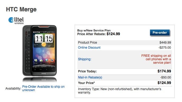 HTC Merge lands on Alltel&#039;s web site as a pre-order for $124.99