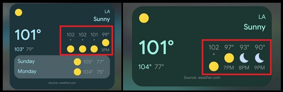 Are di kotak merah dipengaruhi oleh ketidakmampuan widget untuk menunjukkan suhu tiga digit - Salah satu widget cuaca Pixel eksklusif tidak tahan panas