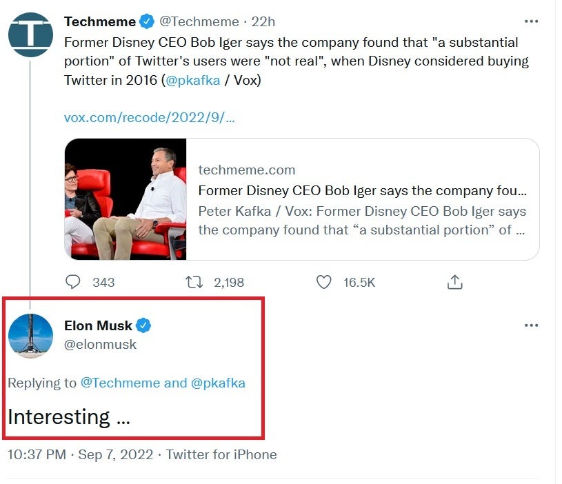 Elon Musk throws in his two cents after Disney's former CEO discusses its due diligence over a potential purchase of Twitter - Disney considered buying Twitter in 2016 but found many bogus accounts