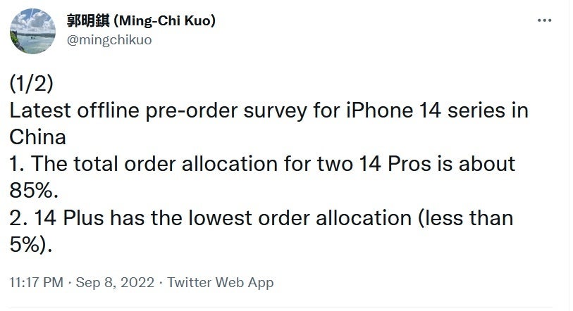 Ming-Chi Kuo mengungkapkan hasil survei offline yang menunjukkan preferensi pre-order di China untuk seri iPhone 14 - Survei mengatakan: model iPhone 14 Pro yang lebih mahal adalah pilihan konsumen yang luar biasa di negara ini