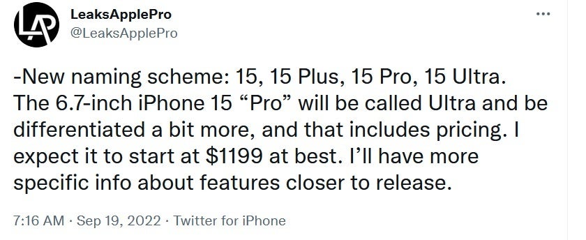 Twitter-bijdrager LeaksApplePro tweets over Apple's geruchten over nieuwe iPhone-naamgeving - Geruchten over iPhone 15 Ultra: 8K-video, lange batterijduur, groot scherm, hoog prijskaartje