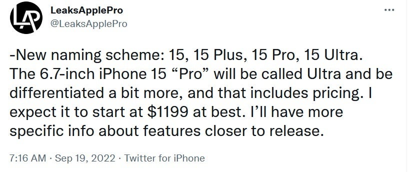 Twitter tipster LeaksApplePro tweets about Apple&#039;s rumored new iPhone naming scheme - Rumored iPhone 15 Ultra: 8K video, longer battery life, larger screen, bigger price tag