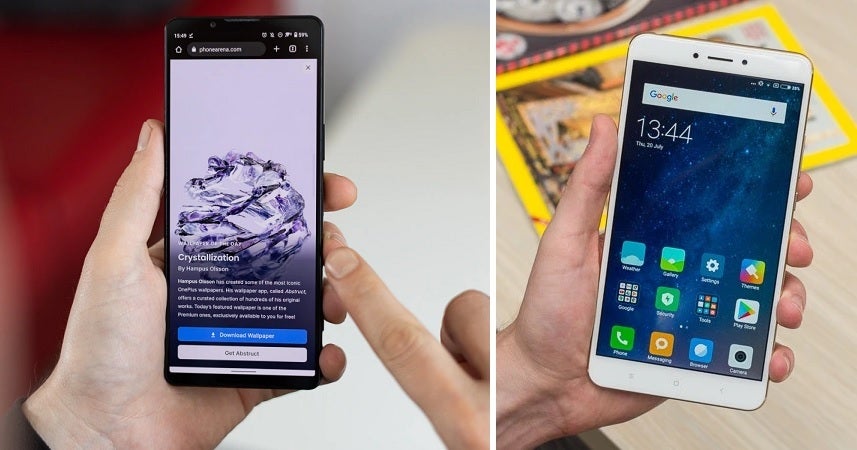 O moderno Sony Xperia 1 IV (à esquerda) e o Xiaomi Mi Max 2 de 2017 (à direita) - 4 grandes marcas de telefone estão enganando você com: "Tela grande, alto-falantes duplos, desempenho"  e mais