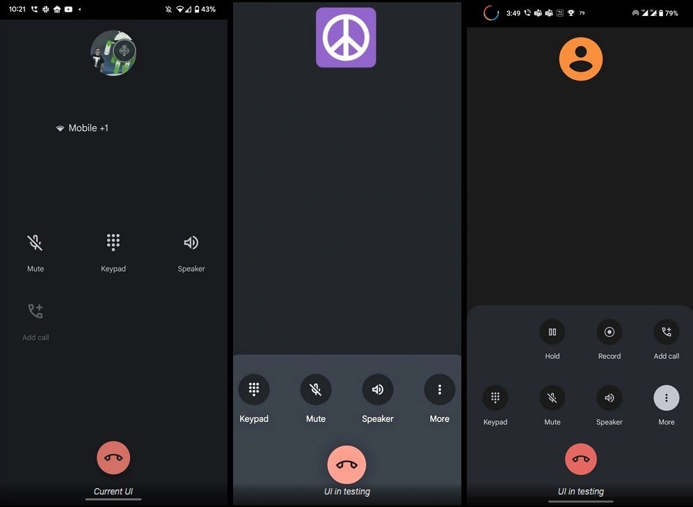Current version of dialer app on left with the new version in the center and on right - New phone dialer UI for Pixels with easier to reach icons makes surprise appearance