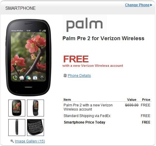 Palm Pre 2 for Verizon is now free on-contract through HP&#039;s Wireless Central store