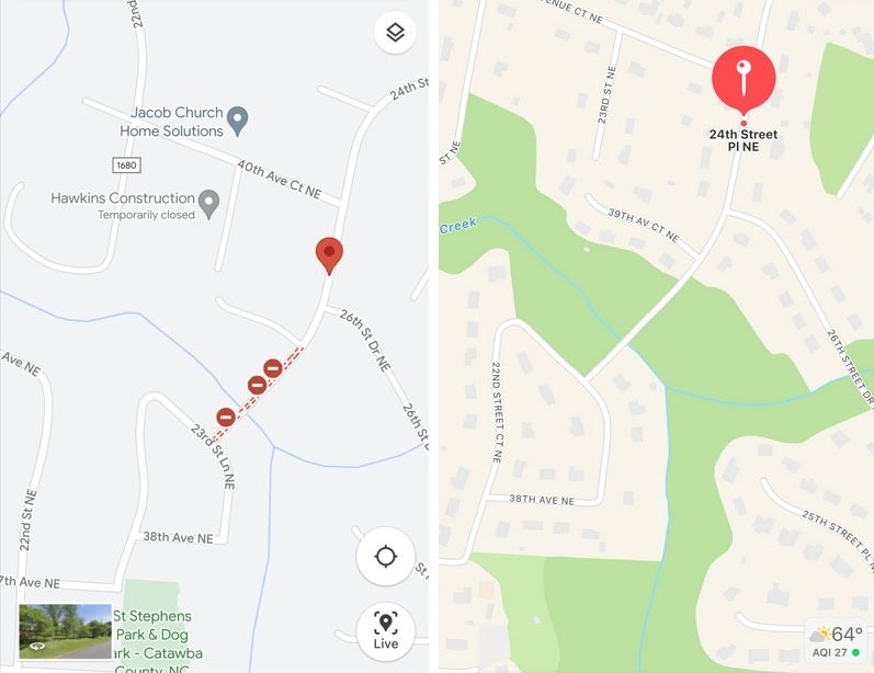 Google Maps (L), Apple Maps (R) de la zone où l'accident s'est produit - la plate-forme GPS et d'autres facteurs conduisent un conducteur à sa mort