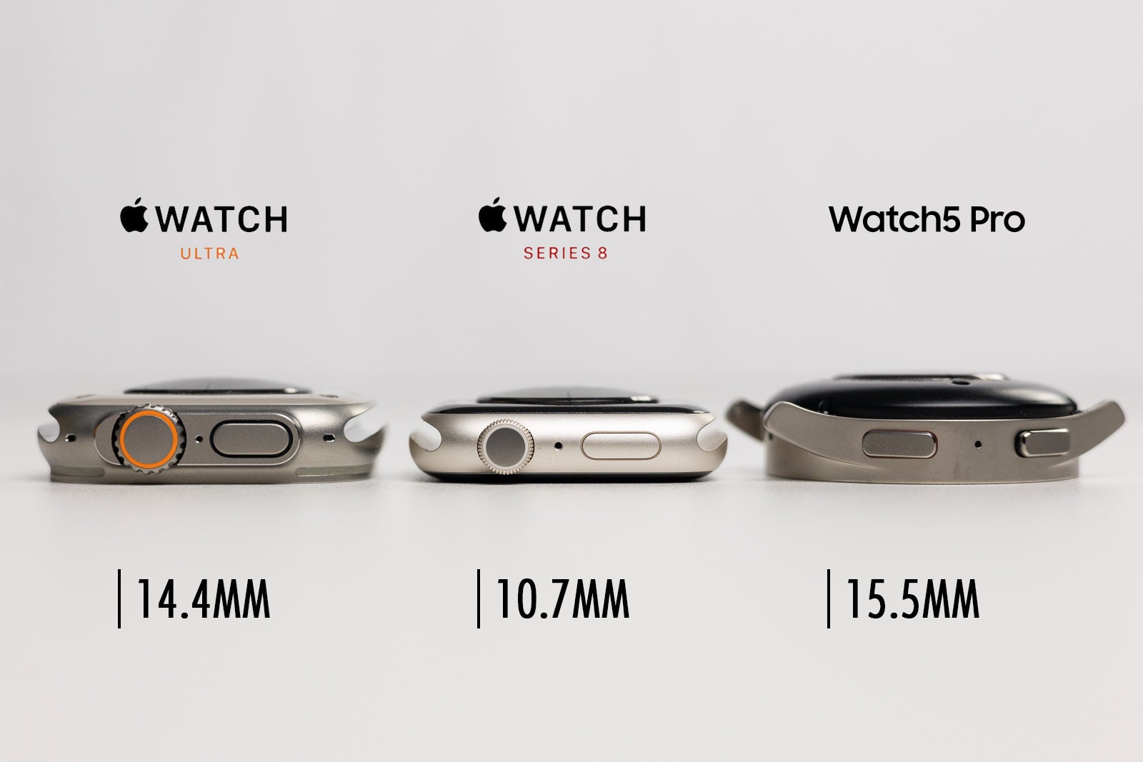 Apple Watch Ultra vs Apple Watch Series 8 vs Samsung Galaxy Watch 5 Pro comparaison d'épaisseur - Comparaison de taille Apple Watch Ultra
