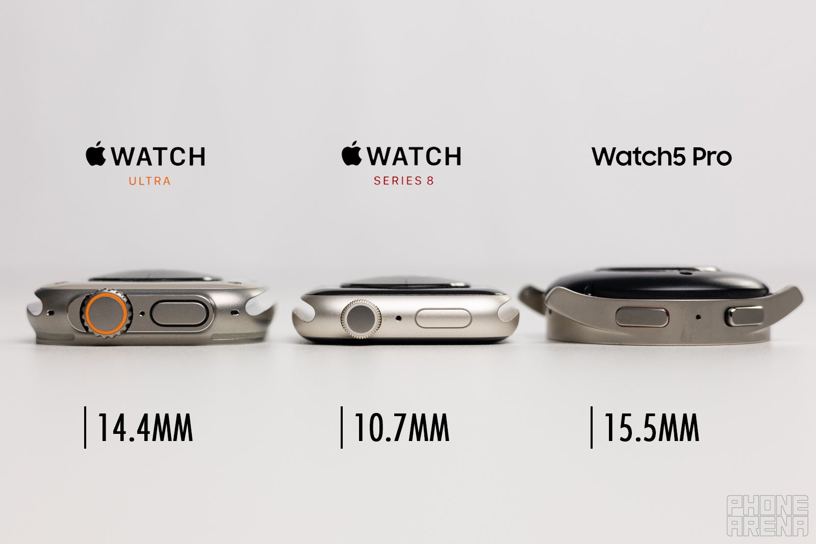 Apple Watch Ultra vs Apple Watch Series 8 vs Samsung Galaxy Watch 5 Pro thickness comparison - Apple Watch Ultra size comparison