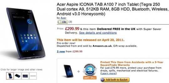 Amazon UK is now accepting pre-orders for the Acer ICONIA TAB A100