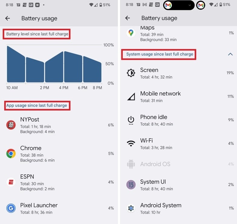Google changes the battery usage page in the latest Android 13 QPR1 beta update to show stats from the last full charge - December's Quarterly Feature Drop will improve Android 13's battery stats page