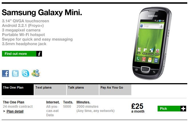 Three UK is now selling the Samsung Galaxy Mini S5570 for free on most plans