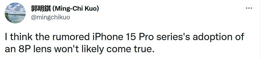 El analista confiable Kuo dice que no espera lentes de 8 elementos para la cámara principal del iPhone 15 Pro - El analista confiable tuitea que no espera que Apple use lentes de 8 elementos en los iPhones 2023