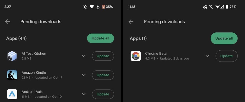 Update buttons before update on the left, after update on the right. Image Credit 9to5Google - It's now easier to update your apps in the Google Play Store