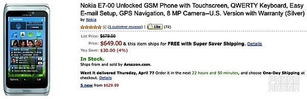 Amazon one-ups Nokia's online store by selling the E7 for $649 in the US