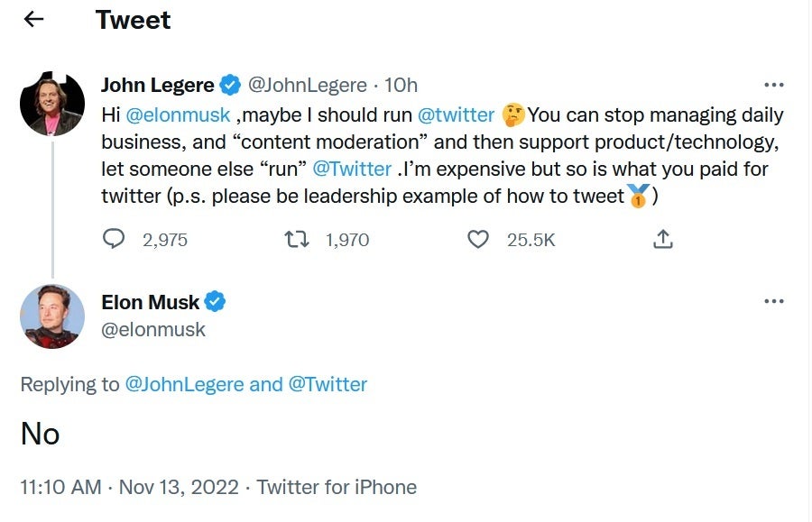 L'ancien PDG de T-Mobile, John Legere, veut tenter de diriger Twitter - John Legere tweete à Elon Musk : "Peut-être que je devrais lancer Twitter ;" voir comment Elon a répondu