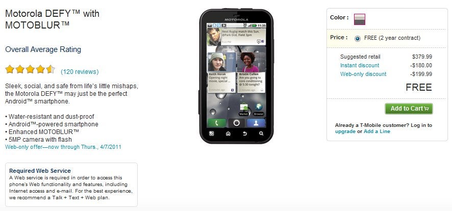 T-Mobile is selling the Motorola DEFY for free online today only