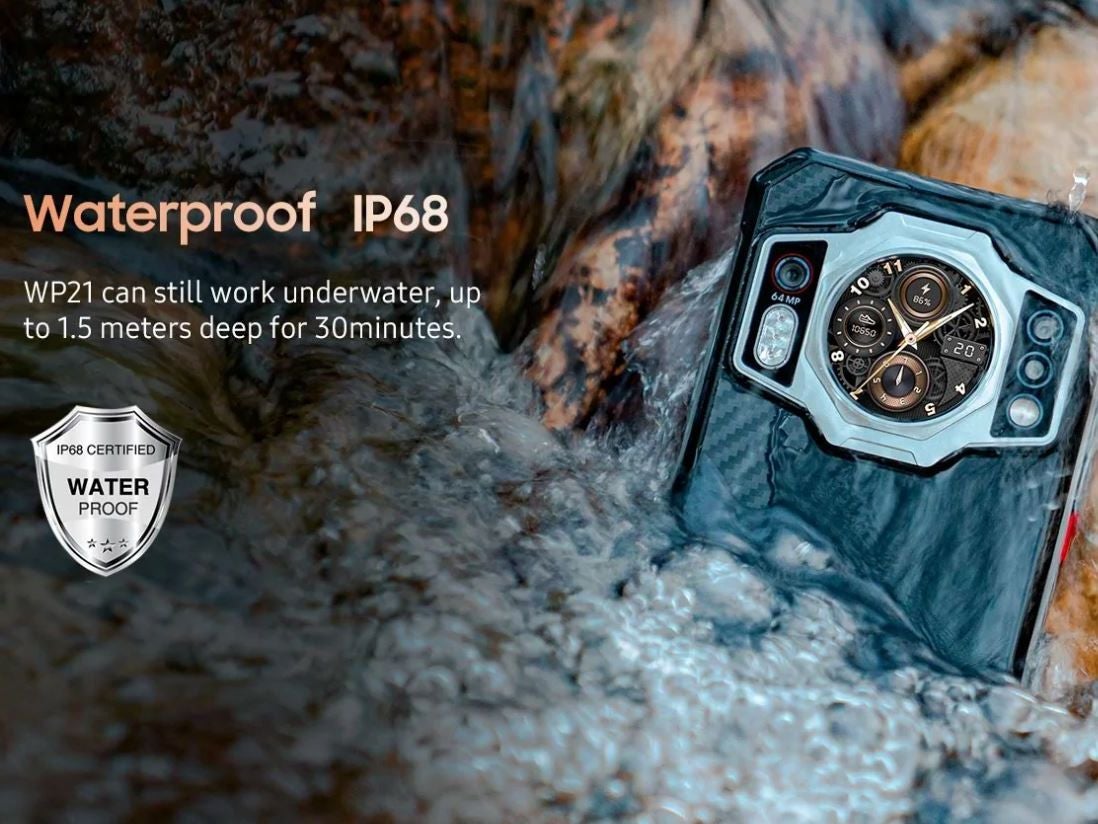 The body of the Oukitel WP21 is completely sealed, allowing for a high IP68 rating. - The Oukitel WP21 has a watch on its back and a 9,800 mAh battery with 66W charging