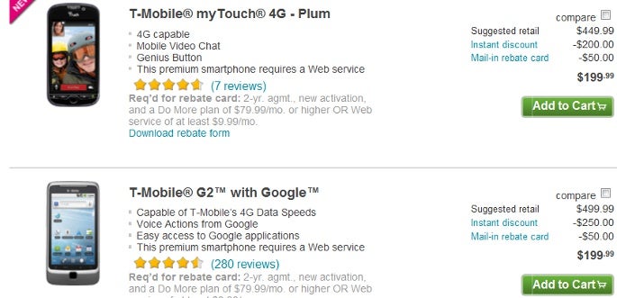 T-Mo discounts its G2 and myTouch 4G phones, once again priced at... $200