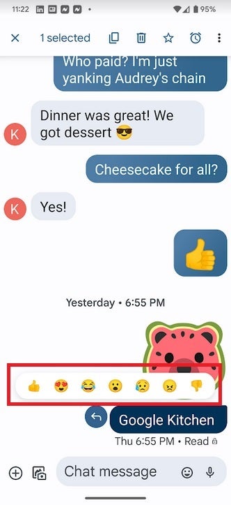 Until the update arrives, Google Messages users can respond to a RCS or SMS message by selecting one of seven emoji - Google will soon allow Messages users to react using any emoji