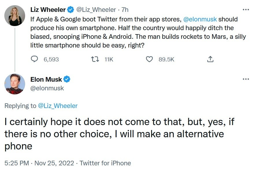 Musk amenaza con producir un teléfono Tesla si Twitter rebota en App Store y Play Store - Musk sugiere que se podría crear un teléfono Tesla para castigar a Apple y Google