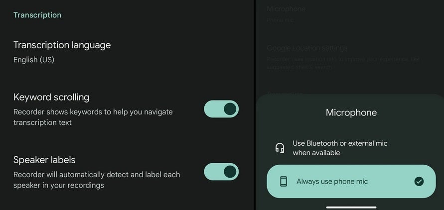 Après la mise à jour, l'option de détection automatique du microphone a été remplacée par la possibilité d'utiliser Bluetooth ou un microphone externe - Google ajoute des étiquettes de haut-parleur aux transcriptions réalisées par l'application Recorder très appréciée pour Pixels