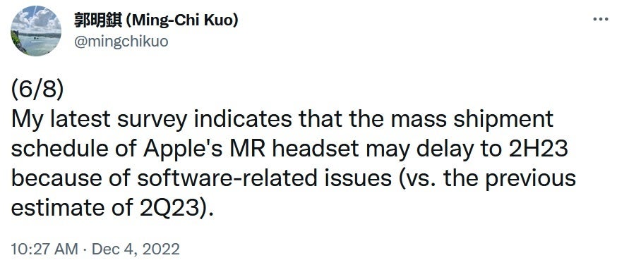 Ming-Chi Kuo pushes back his expected time frame for the release of Apple's Mixed Reality headset - Kuo sees Apple's headset delayed until the second half of 2023; huge shortfall in shipments expected