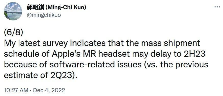 Ming-Chi Kuo retrasa el plazo esperado para el lanzamiento de los auriculares de realidad mixta de Apple: Kuo ve que los auriculares de Apple se retrasan hasta la segunda mitad de 2023;  gran escasez de envíos esperados