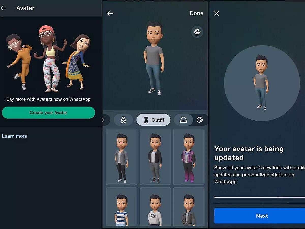 On peut voir qu'il y a une section entière dédiée aux tenues.  Image créditée à Business Insider India.  - Vous pouvez maintenant créer un avatar 3D dans WhatsApp et le personnaliser à votre guise