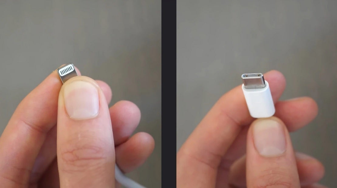 Apple's proprietary Lightning plug on the left, USB-C on the right - Apple doesn't need to convert the iPhone from the Lightning port to USB-C until iPhone 17