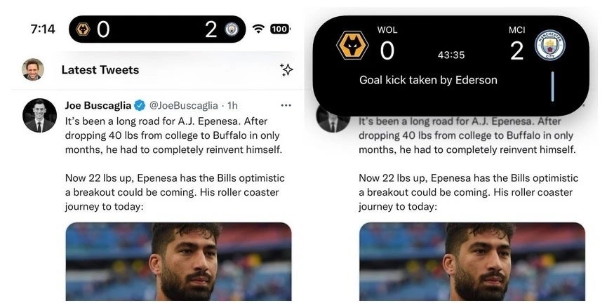 How a Premier League score will look on the Dynamic Island after iOS 16.2 is installed - Next week's update turns your iPhone into a karaoke machine and more