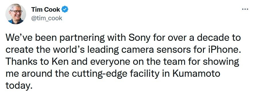 Apple CEO Tim Cook tweets about his visit to Sony's hush hush sensor facility in Kumamoto, Japan - Apple CEO Tim Cook visits super secret Sony image sensor facility in Japan