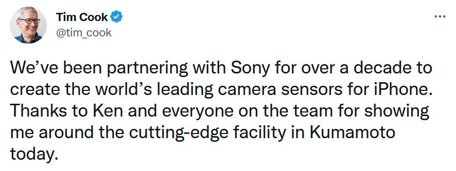 Le PDG d'Apple, Tim Cook, tweete à propos de sa visite à l'installation de capteurs silencieux de Sony à Kumamoto, au Japon