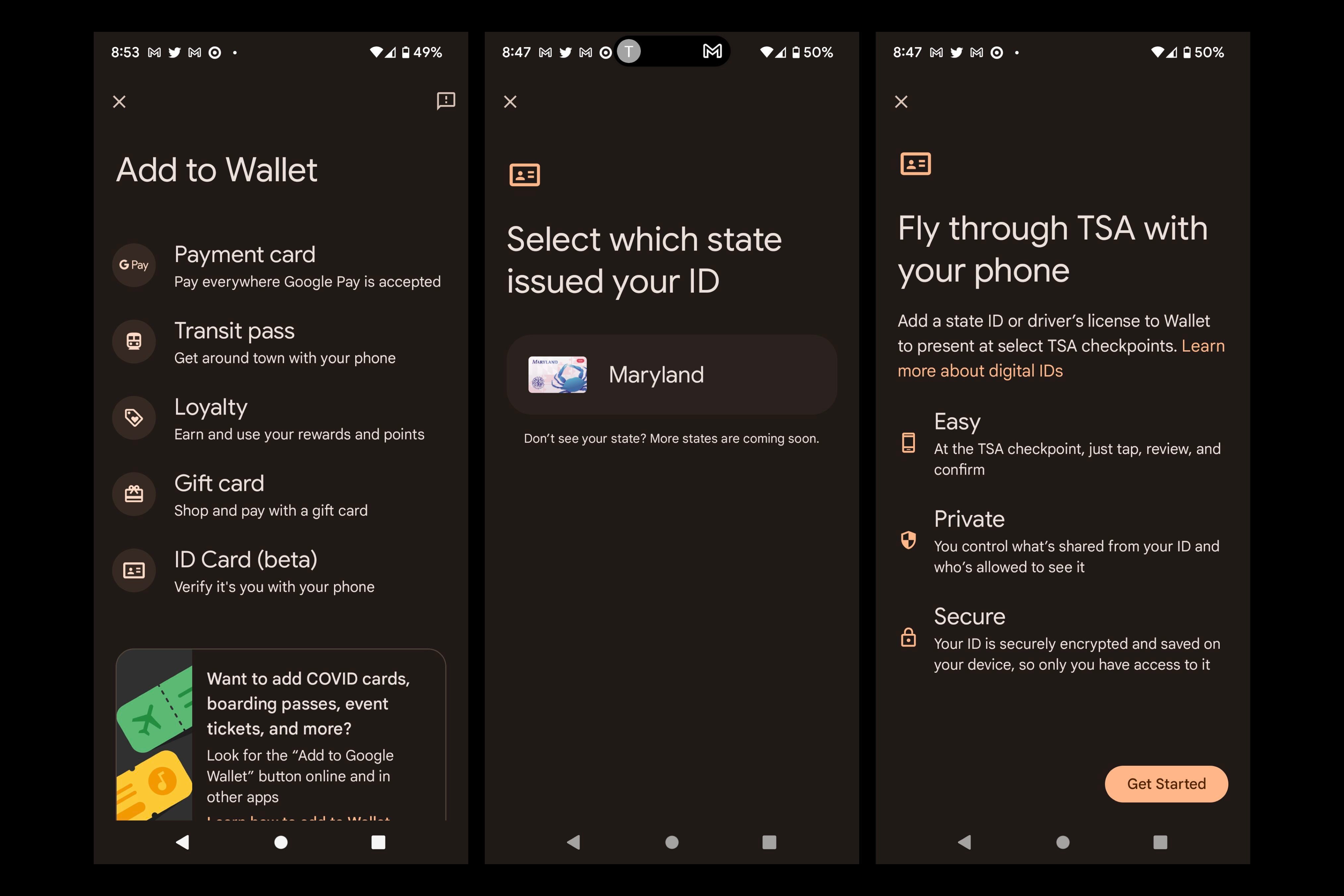 Some screenshots of the feature, courtesy of the Verge. - State ID Cards support for Google Wallet is being beta tested in Maryland