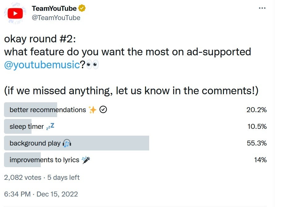Background play is the leading feature that YouTube community members would like to see added to ad-supported YouTube Music - Vote for the free feature you most want added to ad-supported YouTube Music