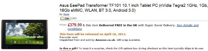 Asus Eee Pad Transformer costs $620 in the UK, to ship on April 18