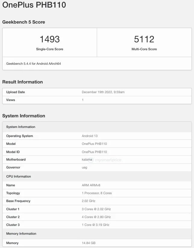 The OnePlus 11 5G Geekbench test results - Benchmark results show OnePlus 11 5G powered by Snapdragon 8 Gen 2 SoC carrying up to 16GB RAM