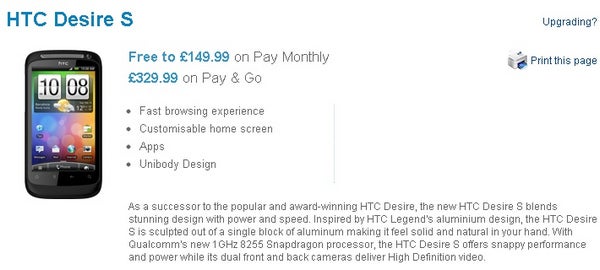 O2 UK prices the HTC Desire S for only £329.99 on a pay-as-you-go plan